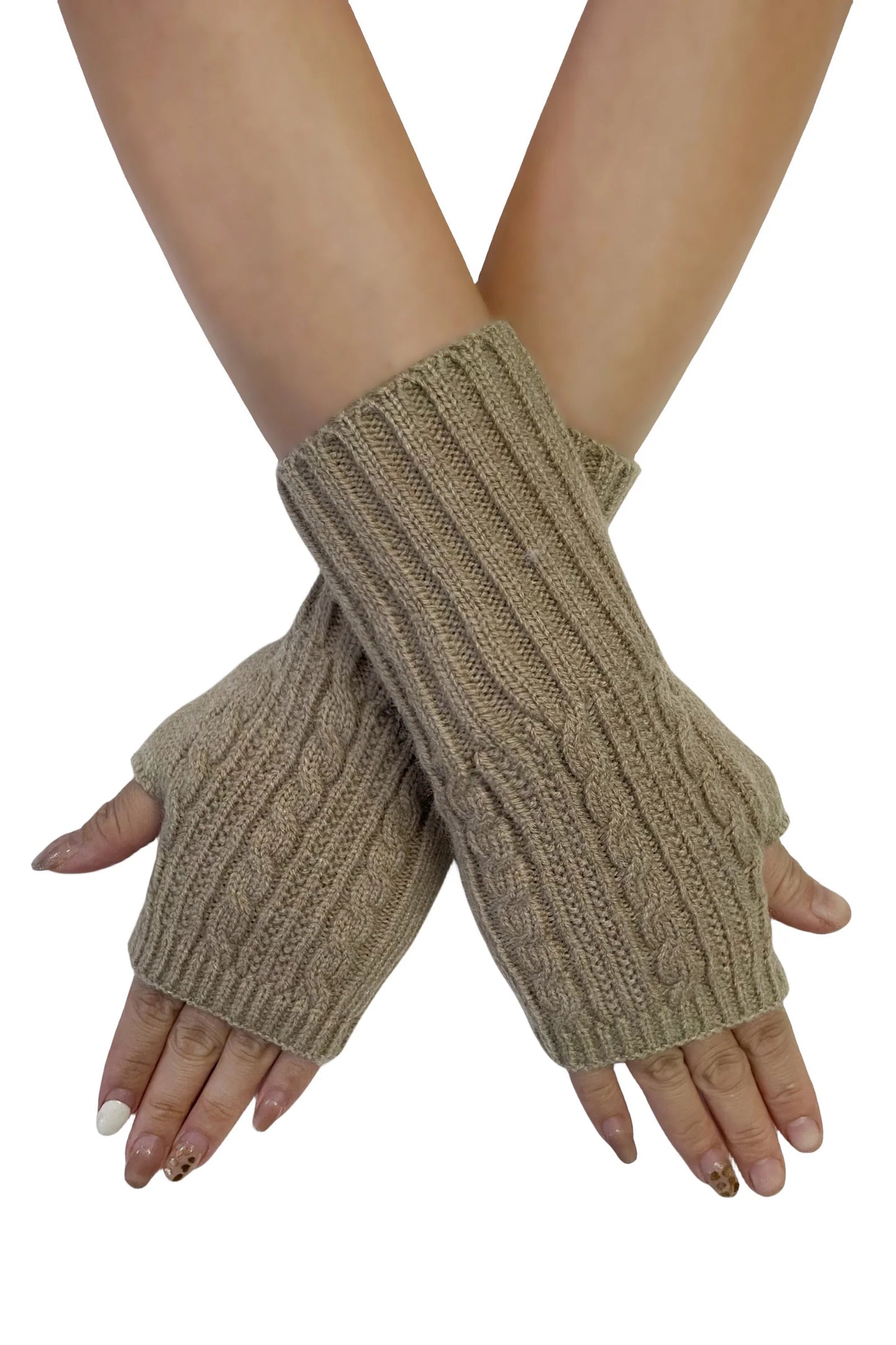Cosy Long Knitted Wool Wrist Warmer Gloves in Beige