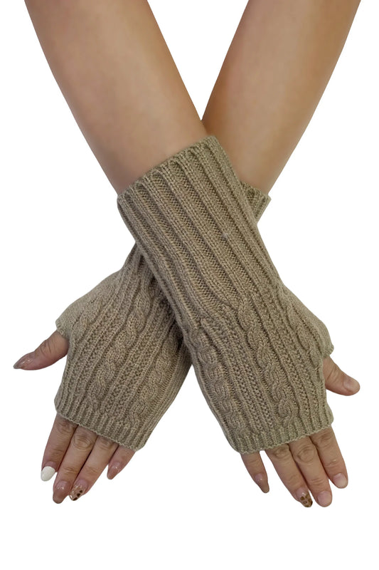 Cosy Long Knitted Wool Wrist Warmer Gloves in Beige