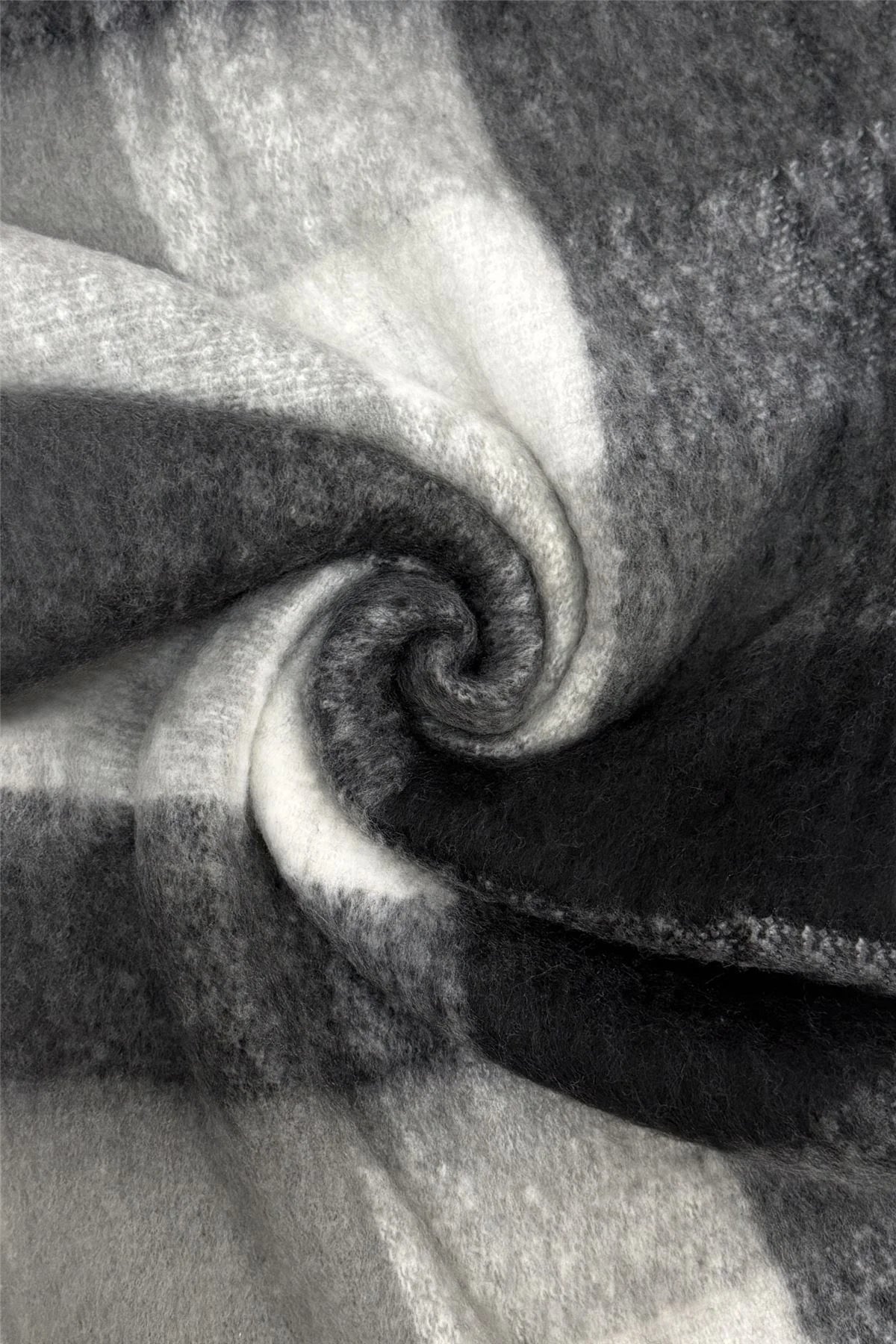 Multi Check Print Wool Tassel Scarf in Black and White