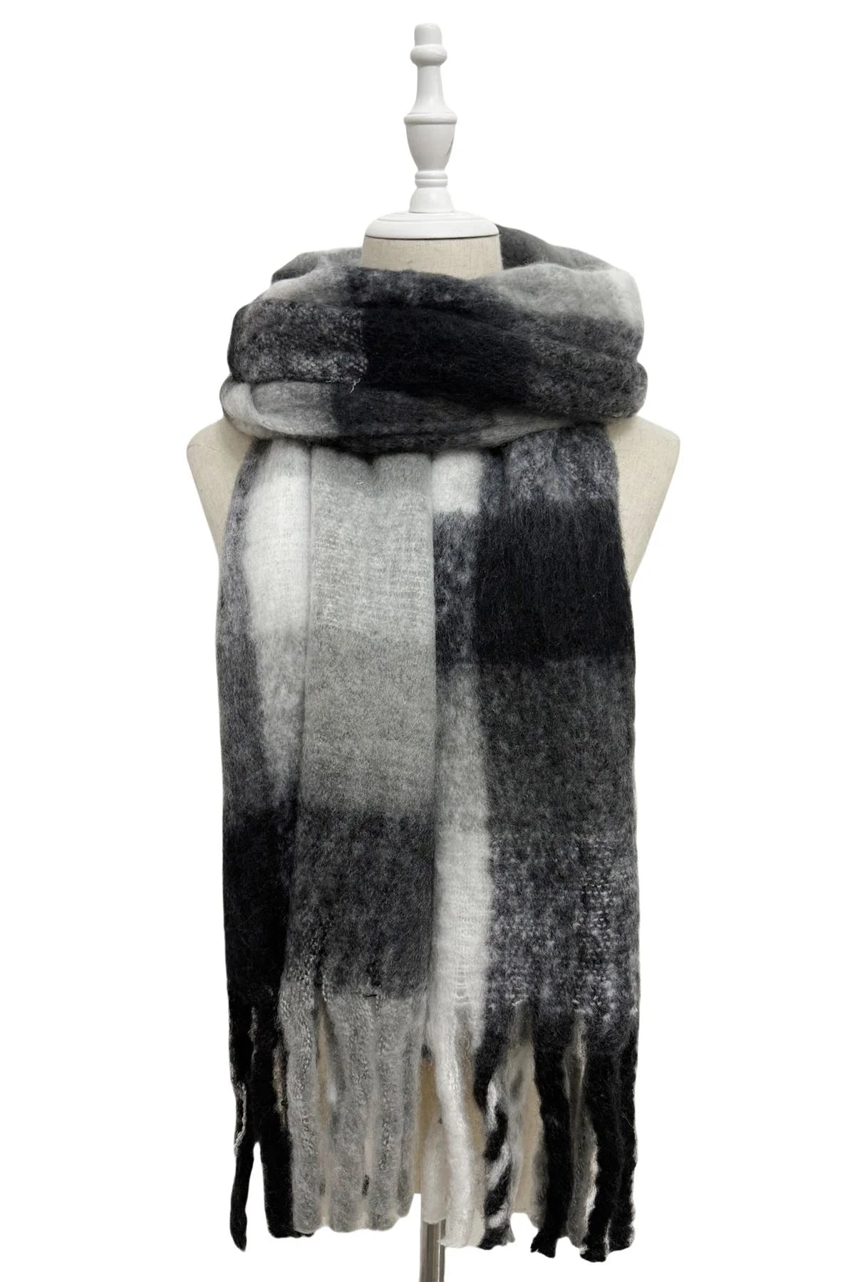 Multi Check Print Wool Tassel Scarf in Black and White