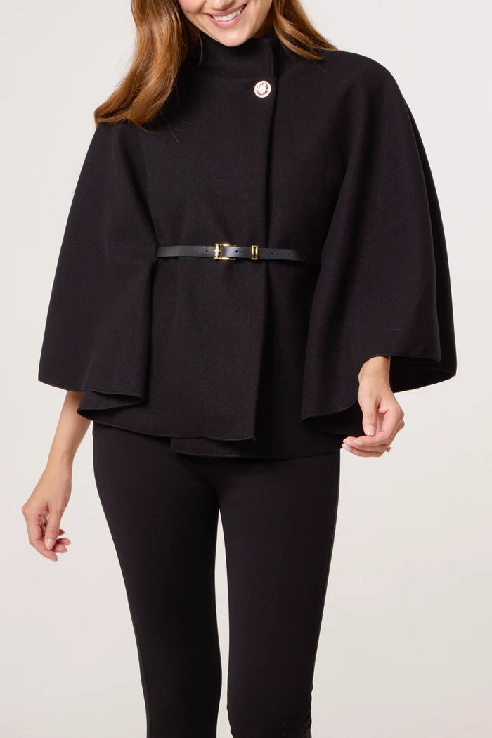 Gold Button Belted Cape in Black