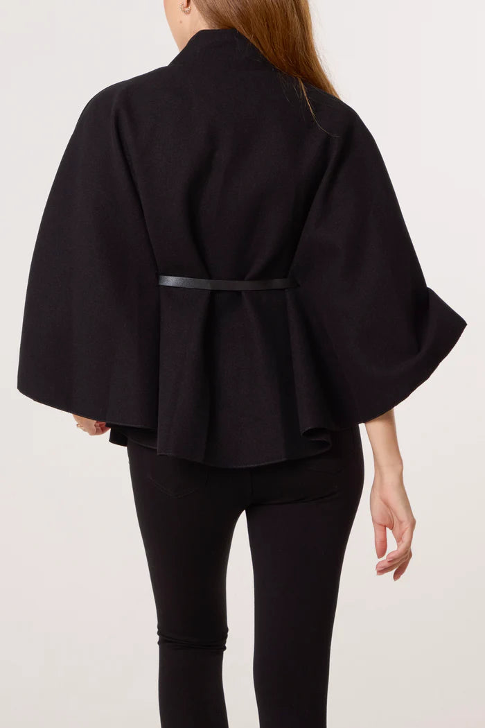 Gold Button Belted Cape in Black