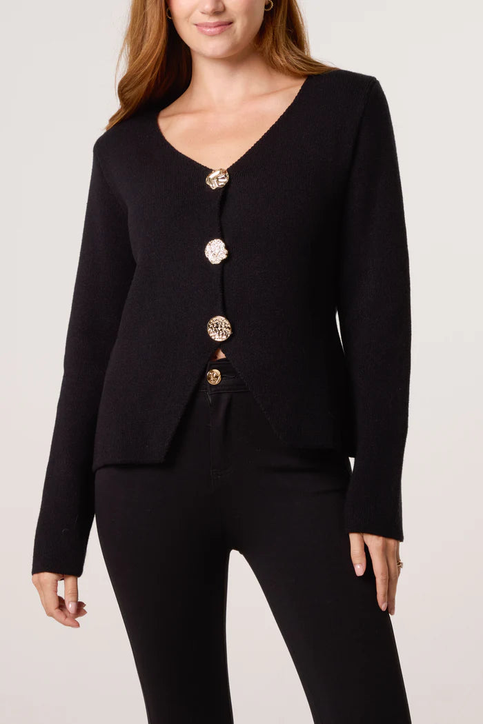 Gold Button V Neck Cardigan in Black