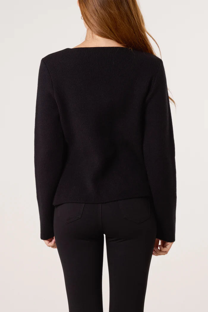 Gold Button V Neck Cardigan in Black