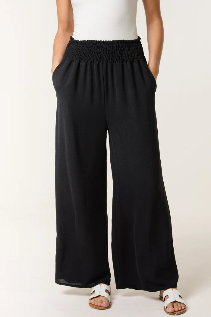 Wide Leg Elasticated Trousers with Pockets in Black