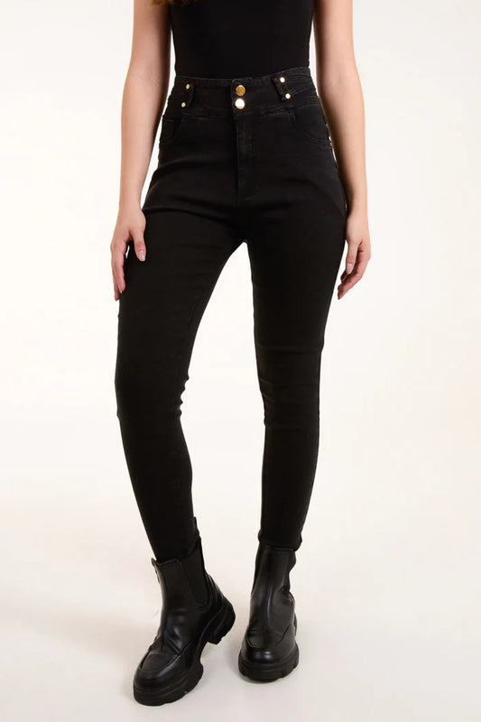 Gold Button High Waisted Stretch Black Denim Skinny Jeans
