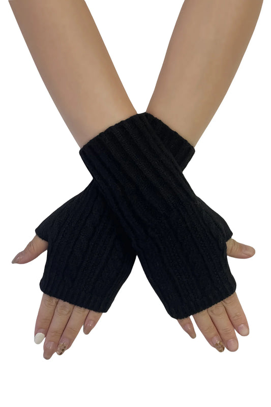 Cosy Long Knitted Wool Wrist Warmer Gloves in Black