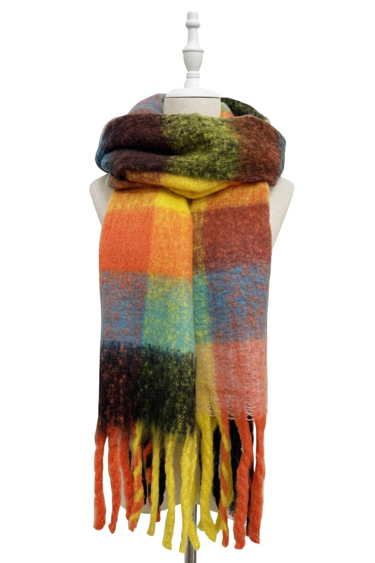 Multi Check Print Wool Tassel Scarf in Black