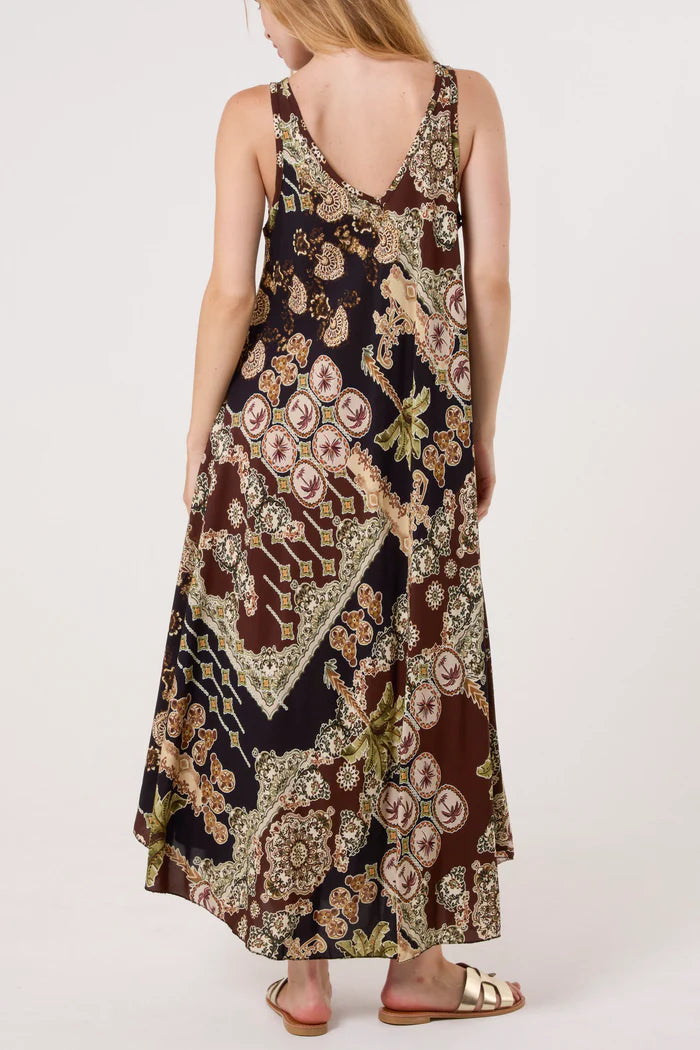 Double V Neck Palm Maxi Dress in Black