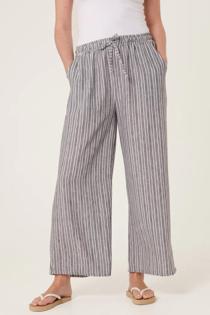 Cotton Blend Stripe Wide Leg Trousers in Black