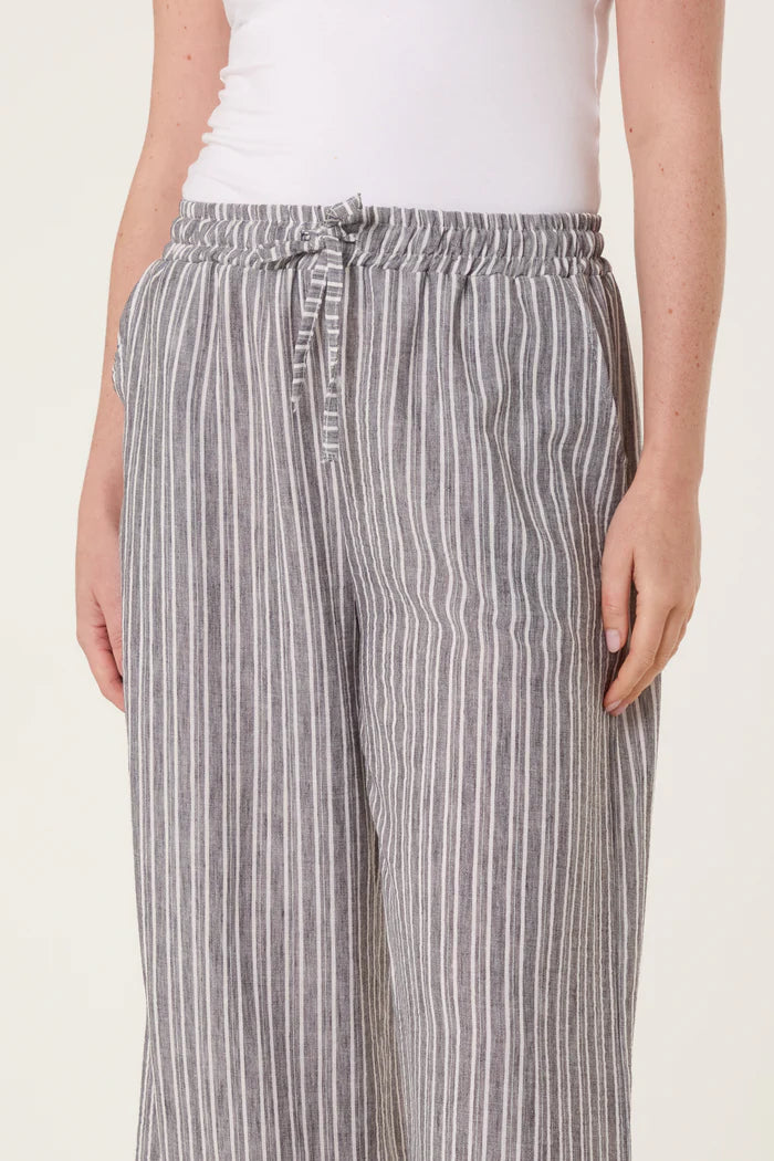 Cotton Blend Stripe Wide Leg Trousers in Black
