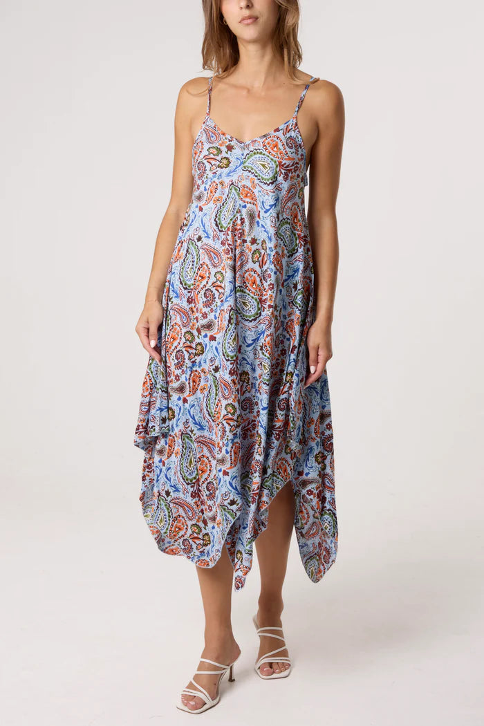 Paisley Hanky Hem Dress in Blue