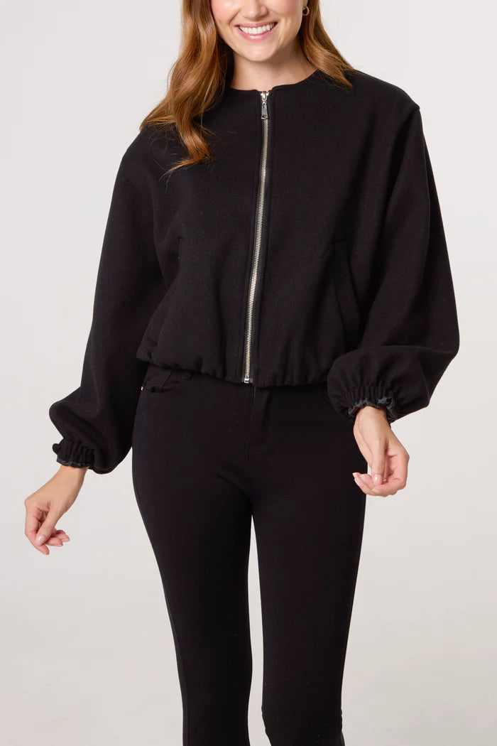 Soft Touch Zip Up Bomber Jacket in Black