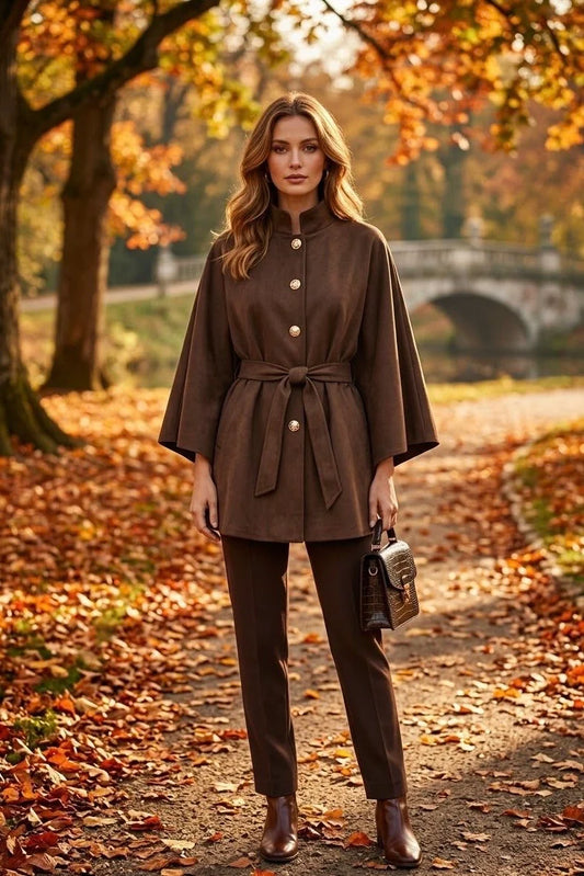 Suede Style Belted Gold Button Cape in Brown