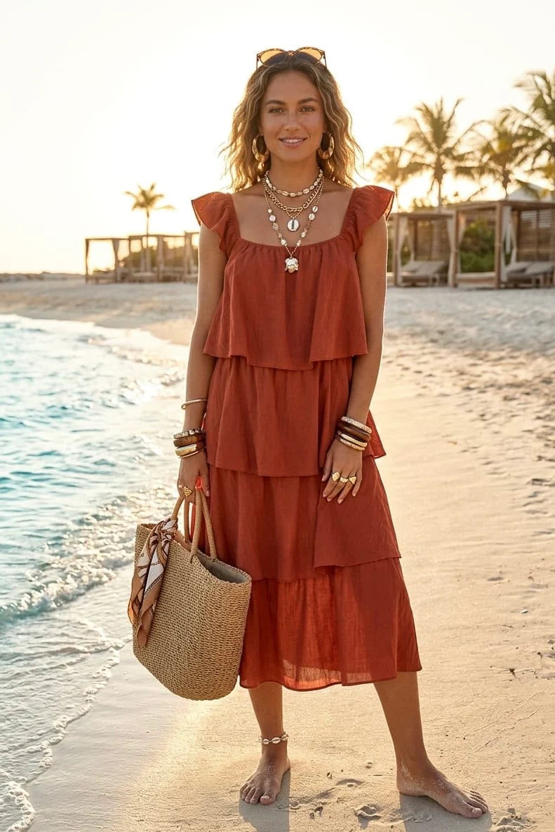 Square Neck Tiered Midi Dress in Rust