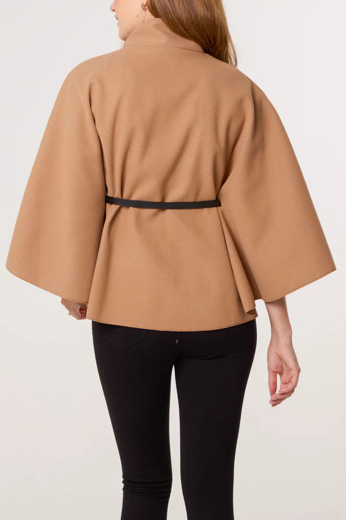 Gold Button Belted Cape in Camel