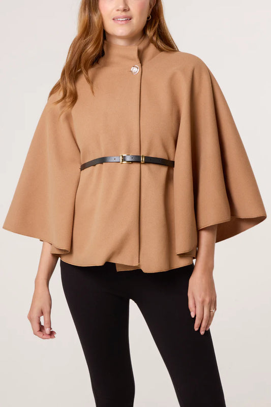 Gold Button Belted Cape in Camel