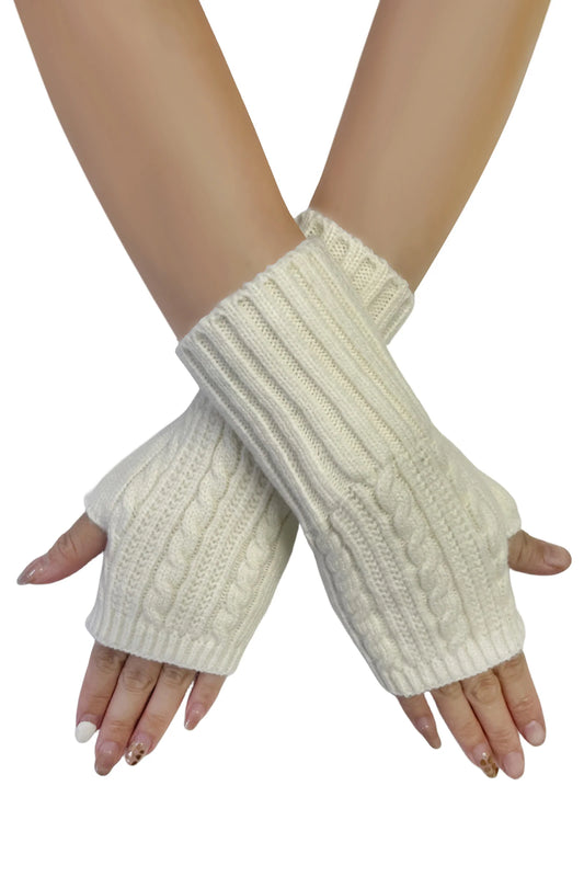 Cosy Long Knitted Wool Wrist Warmer Gloves in Cream