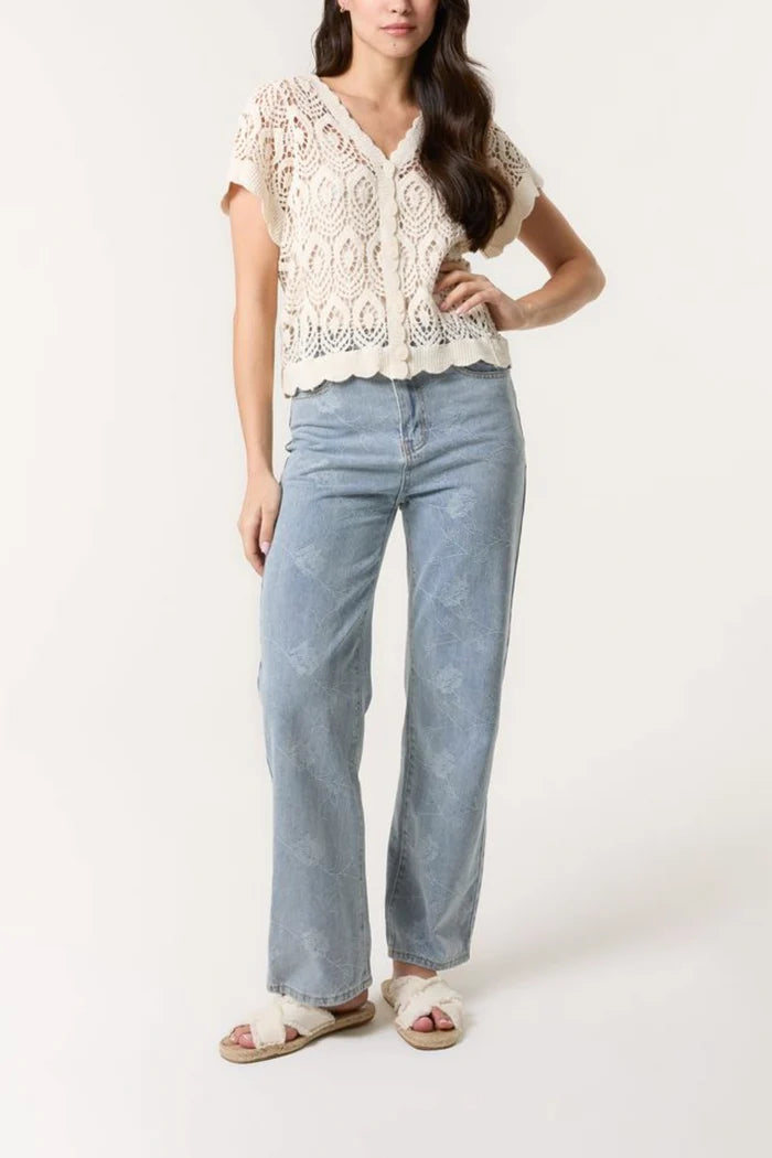 Cropped Crochet Cardigan in Stone