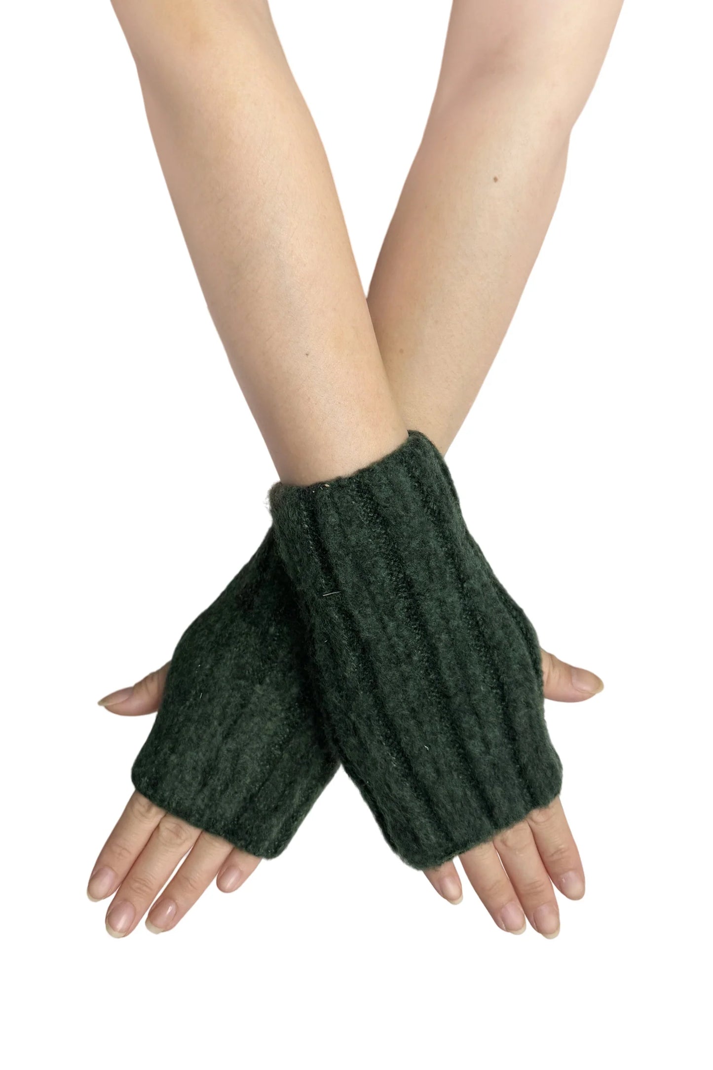 Cosy Plain Knitted Fingerless Gloves in Dark Green