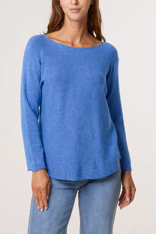 Round neck fine knit jumper in denim