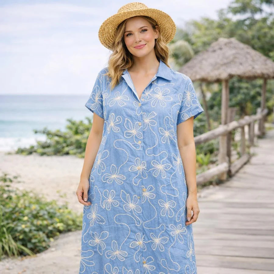 Breathable Cotton Silk Blend Premium Embroidered Summer Dress in Blue | One size UK 12–22 (Copy)