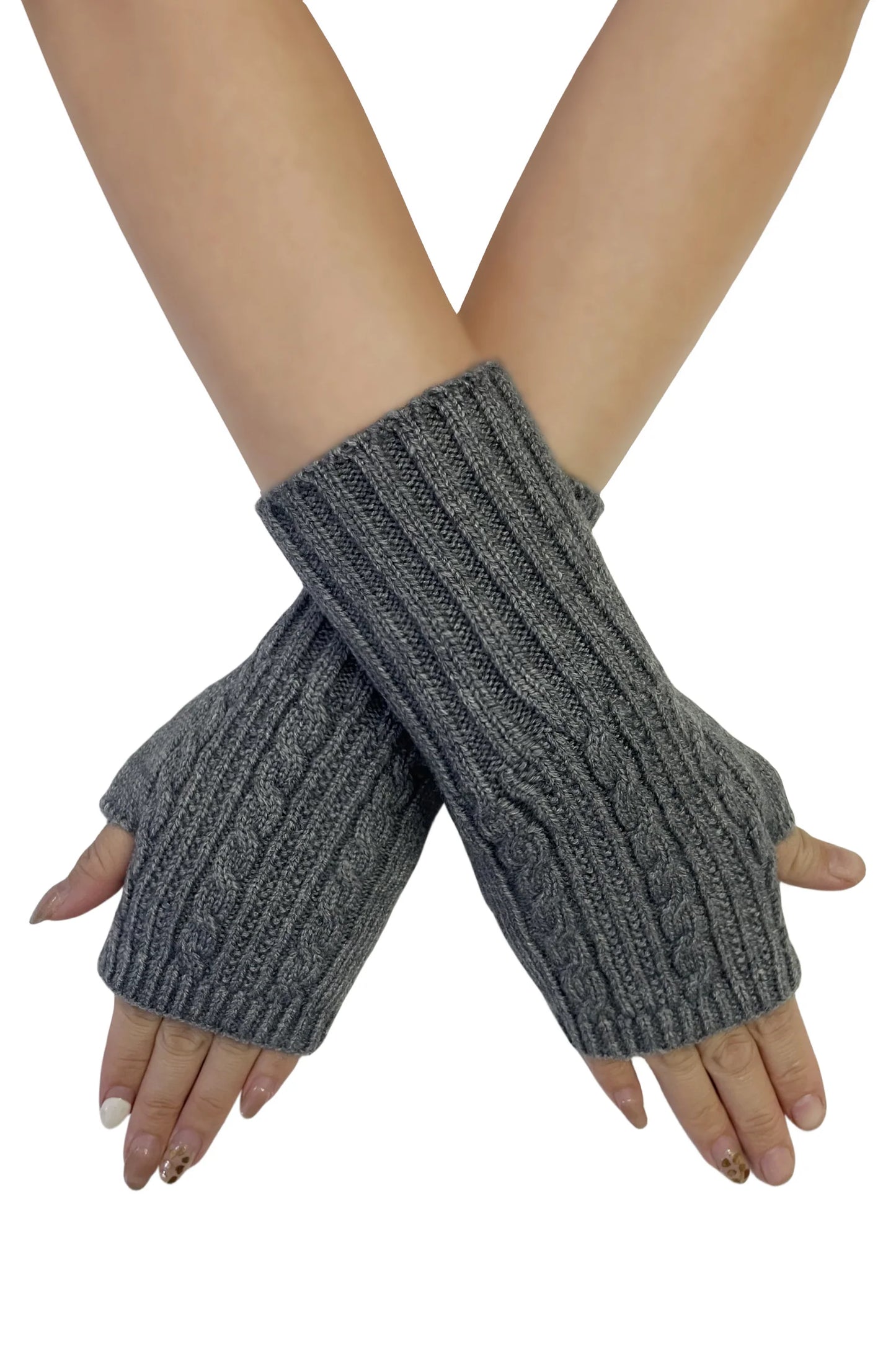 Cosy Long Knitted Wool Wrist Warmer Gloves in Grey