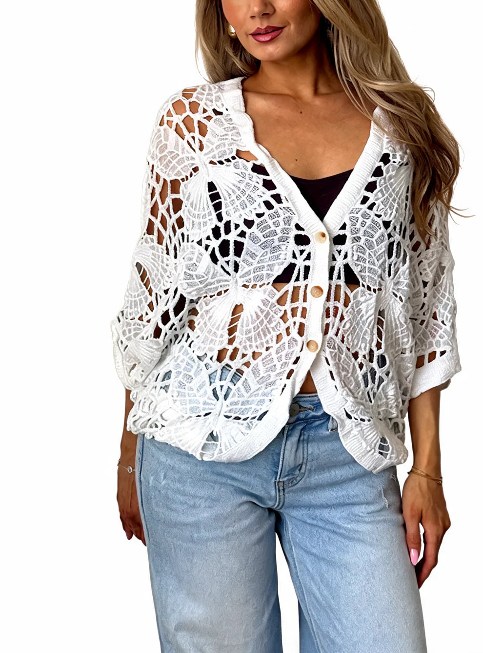 Crochet Butterfly Cutout Cropped Cardigan Top - White