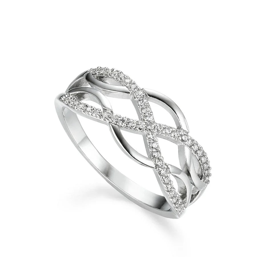 Silver Layered Band Crisscross Ring with Diamante