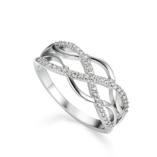Silver Layered Band Crisscross Ring with Diamante