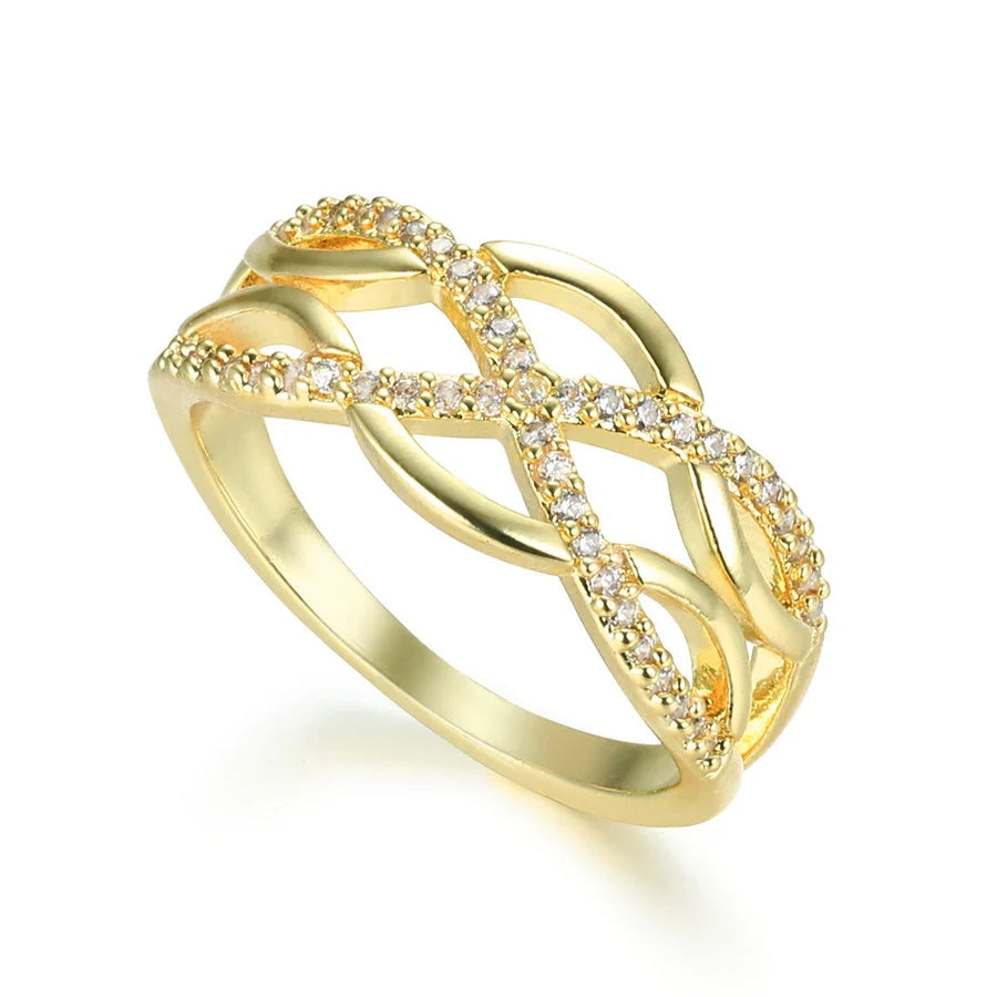 Gold Layered Band Crisscross Ring with Diamante