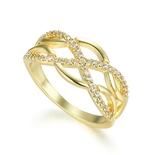 Gold Layered Band Crisscross Ring with Diamante