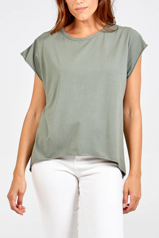 Cap Sleeve High Low Cotton T-Shirt in Khaki