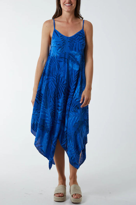 Palm Leaves Hanky Hem Dress in Blue