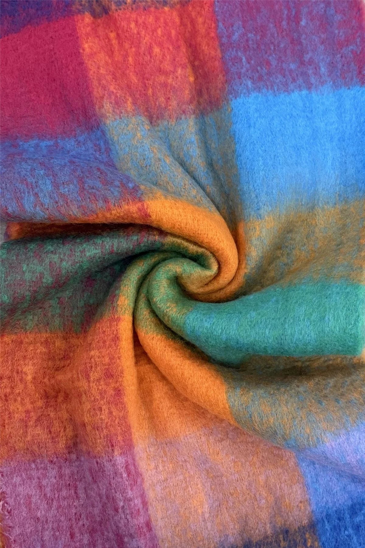 Multi Check Print Wool Tassel Scarf in Blue