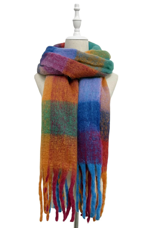 Multi Check Print Wool Tassel Scarf in Blue