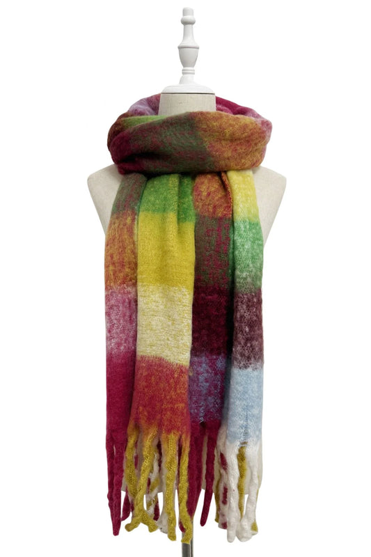 Multi Check Print Wool Tassel Scarf in Magenta