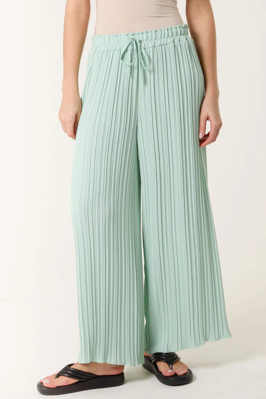 Wide Leg Plisse Drawstring Trousers in Mint