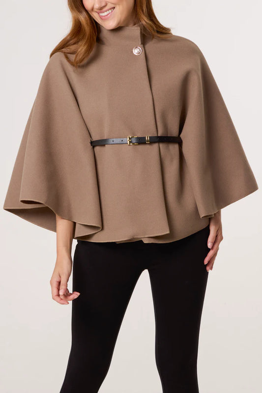 Gold Button Belted Cape in Mocha