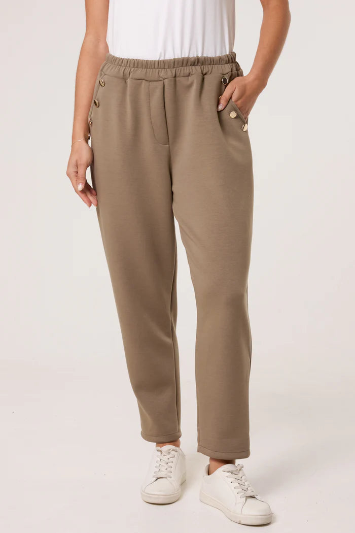 Gold Button Soft Touch Trousers in Mocha