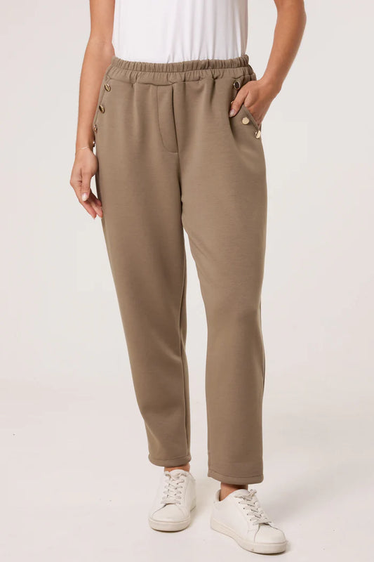 Gold Button Soft Touch Trousers in Mocha
