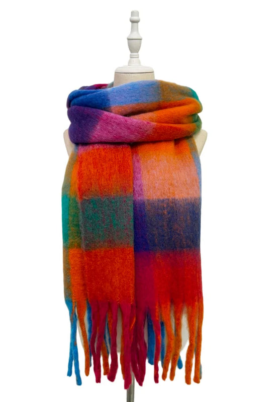 Multi Tone Check Chunky Tassel Scarf