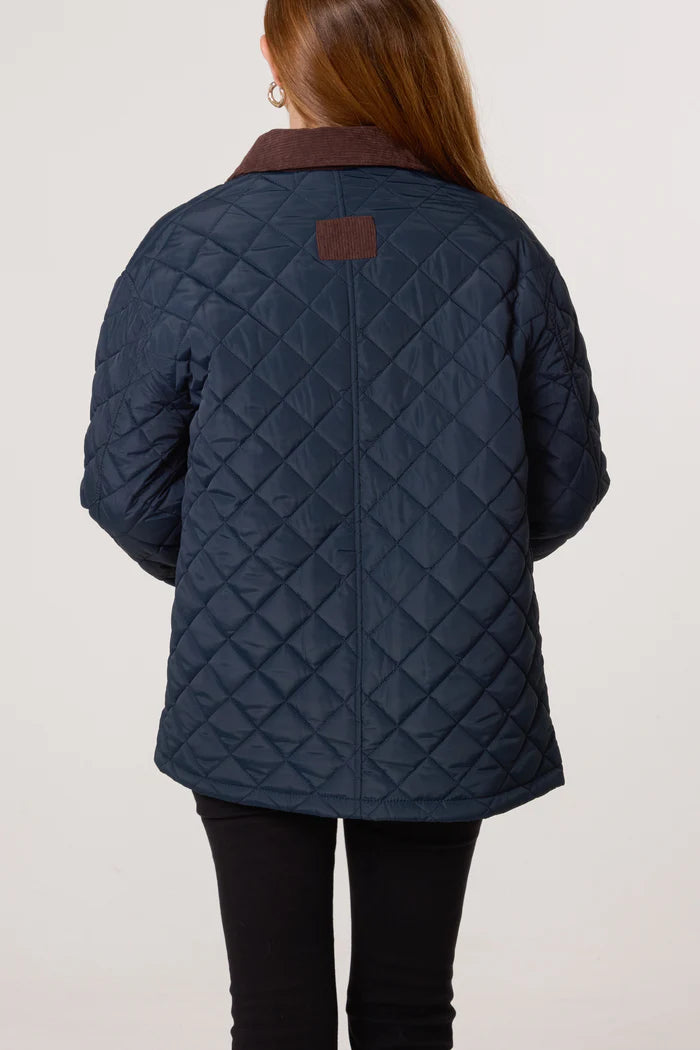 Diamond Quilted Contrast Square Coat in Navy