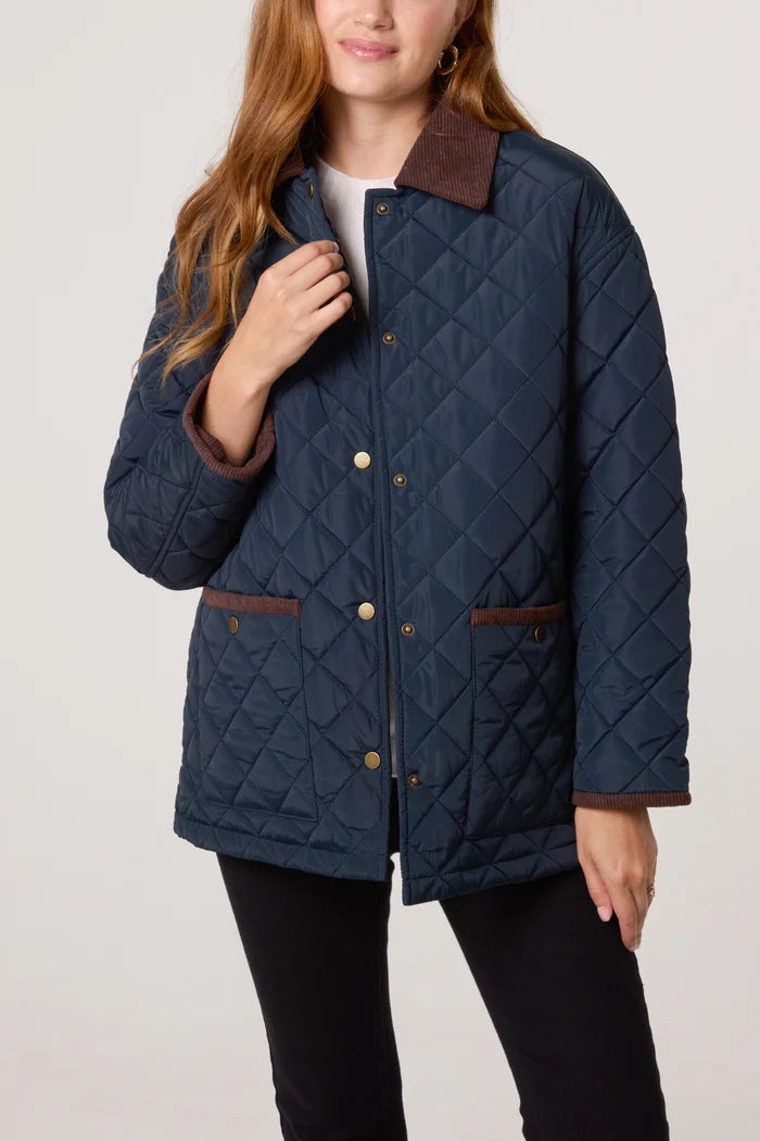 Diamond Quilted Contrast Square Coat in Navy