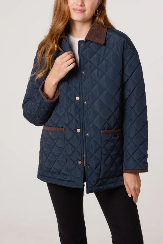 Diamond Quilted Contrast Square Coat in Navy