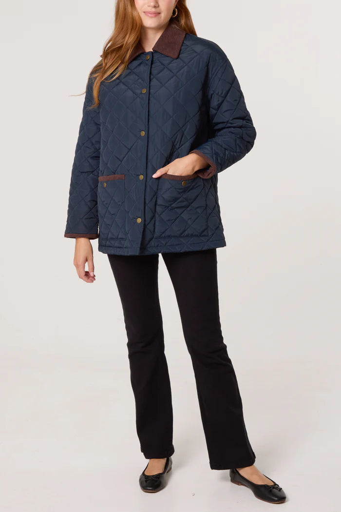 Diamond Quilted Contrast Square Coat in Navy