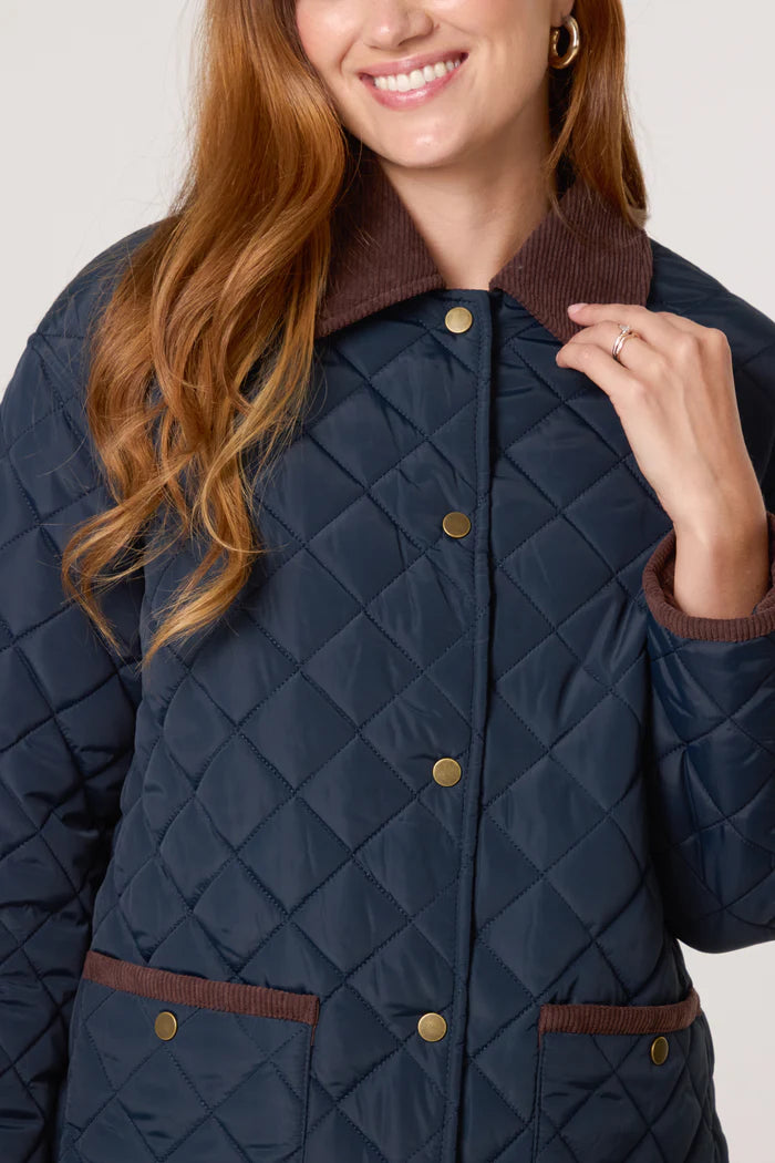 Diamond Quilted Contrast Square Coat in Navy