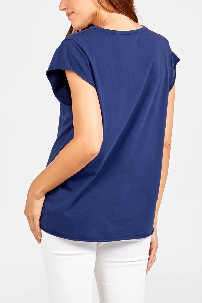 Cap Sleeve High Low Cotton T-Shirt in Navy