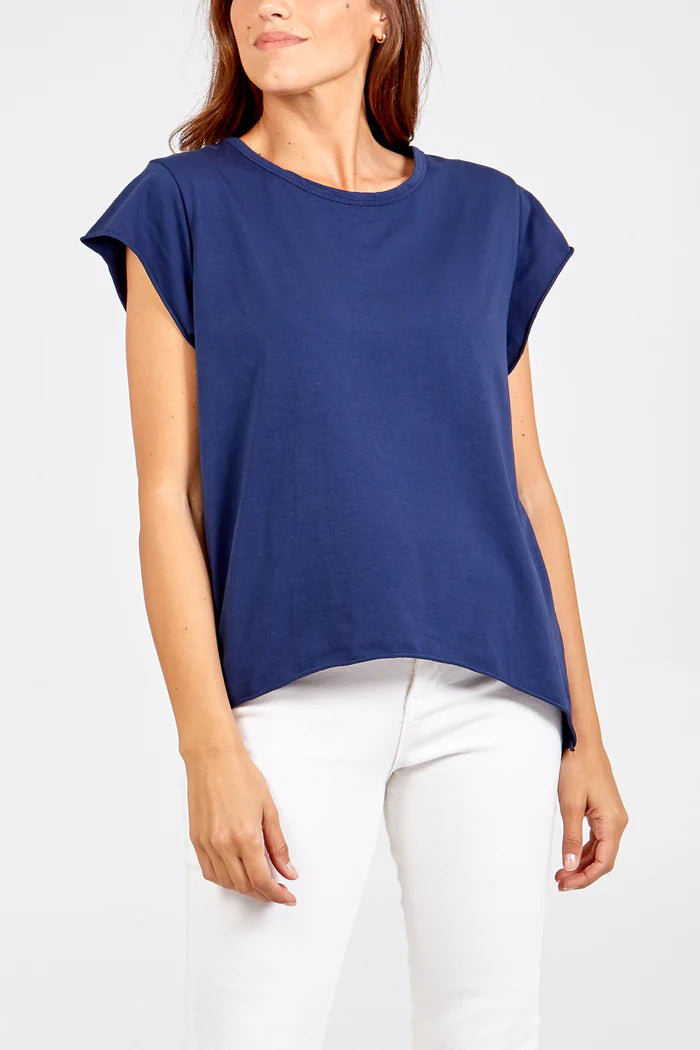 Cap Sleeve High Low Cotton T-Shirt in Navy