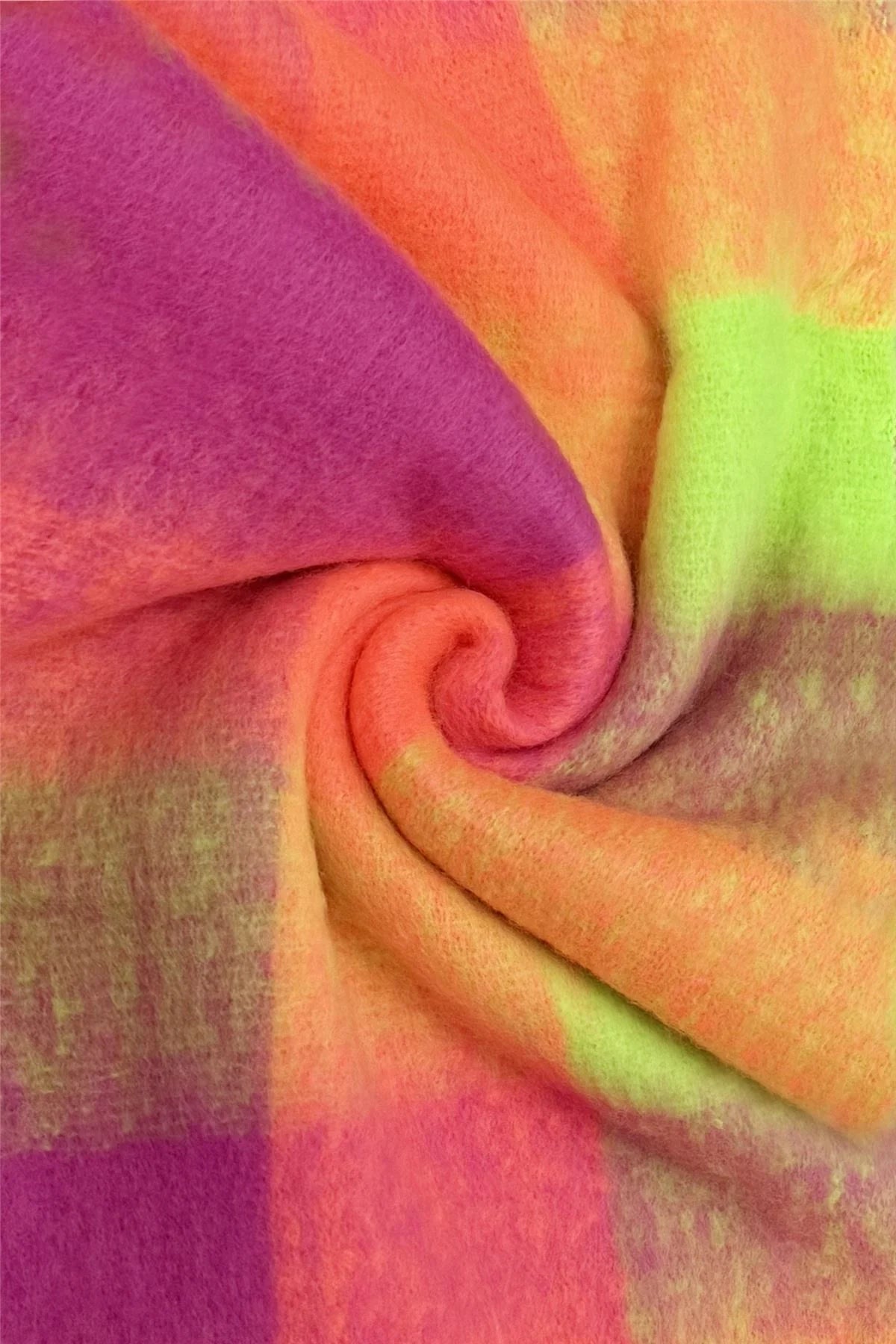 Multi Check Print Wool Tassel Scarf in Neon